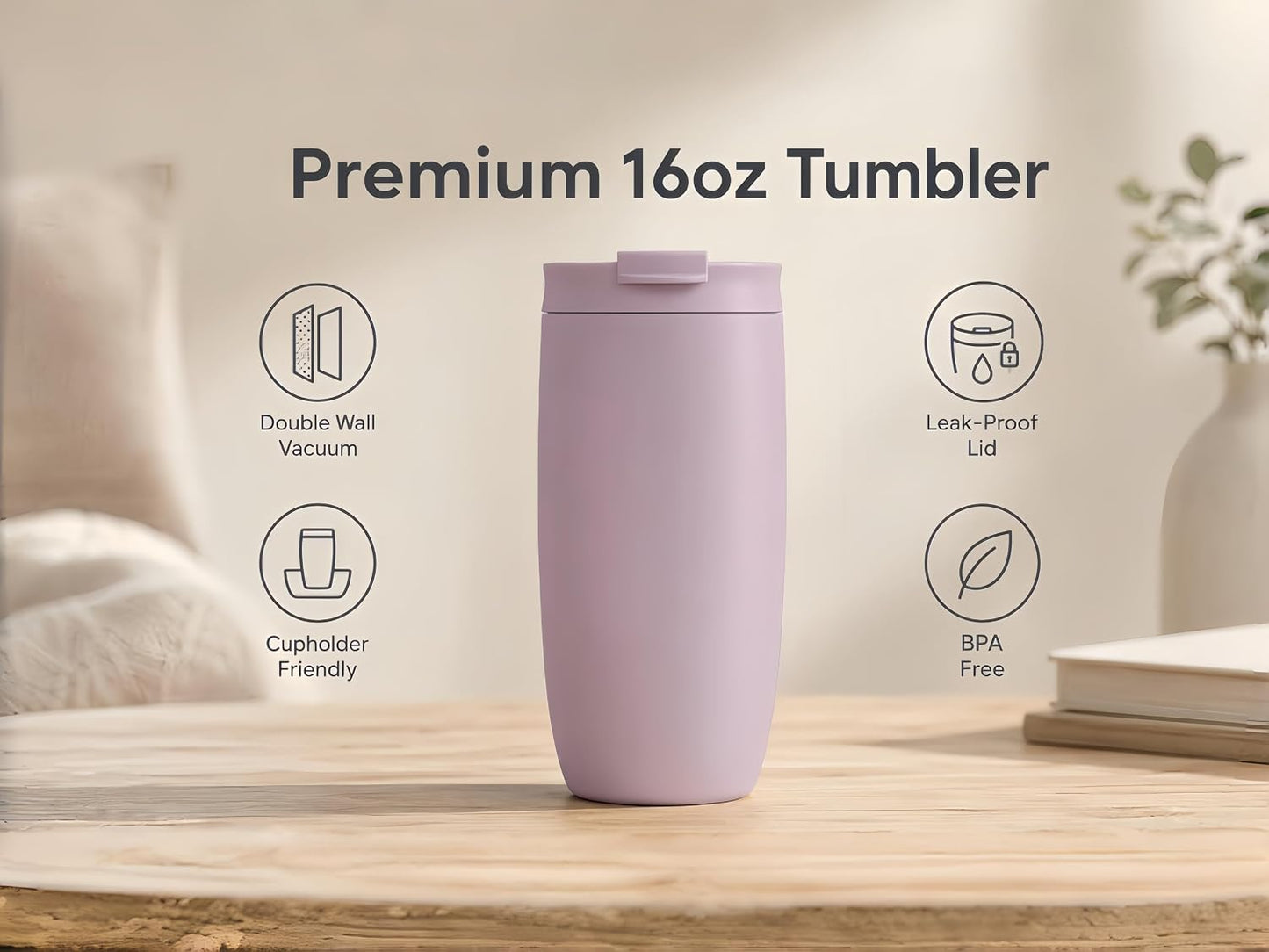 16oz Vacuum Insulated Tumbler, Leakproof Travel Mug for Hot & Cold Drinks | Double-wall insulation locks temp. Leakproof lid, slim cup holder. For coffee, tea, water.