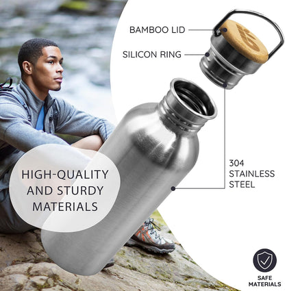 Stainless Steel Water Bottles 32 oz, Non-insulated Single Wall Metal Water Bottle Stainless Steel, Reusable & Eco Friendly, Dishwasher Safe – Silver