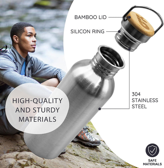 Stainless Steel Water Bottles 32 oz, Non-insulated Single Wall Metal Water Bottle Stainless Steel, Reusable & Eco Friendly, Dishwasher Safe – Silver