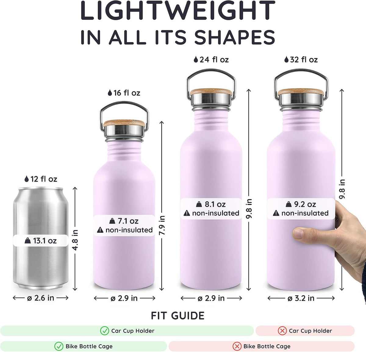 Stainless Steel Water Bottles 32 oz, Non-insulated Single Wall Metal Water Bottle Stainless Steel, Reusable & Eco Friendly, Dishwasher Safe – Silver