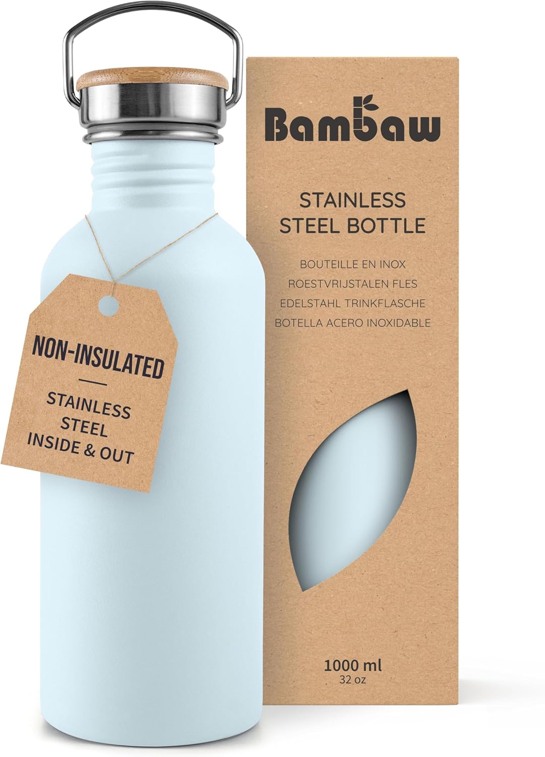 Stainless Steel Water Bottles 32 oz, Non-insulated Single Wall Metal Water Bottle Stainless Steel, Reusable & Eco Friendly, Dishwasher Safe – Silver