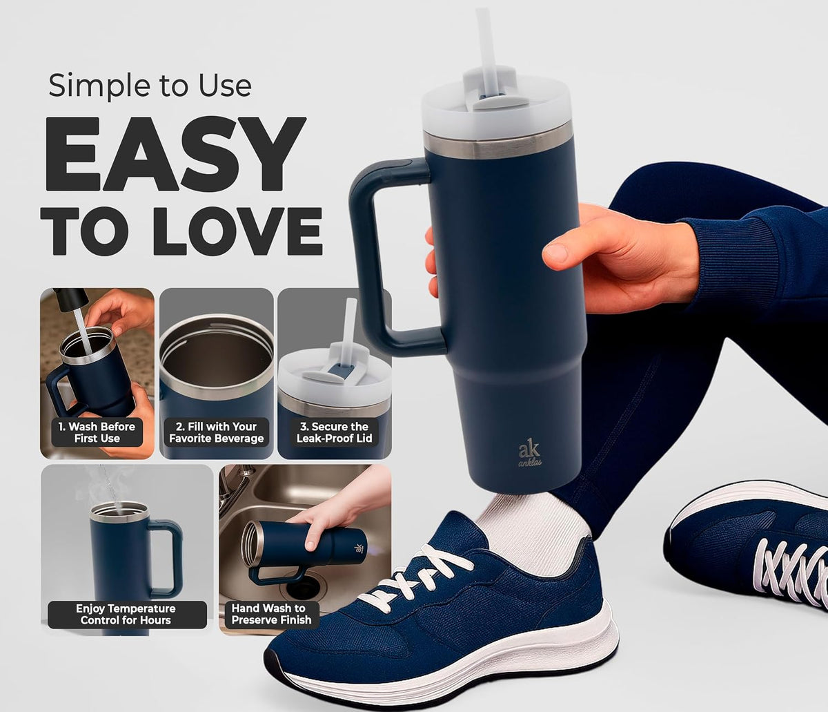 Stainless Steel Tumbler with leak proof lid - Compact insulated travel mug for hot or cold - Reusable coffee mug and water bottle for office, gym, hiking (LITMUS DARK BLUE, TUMBLER 20oz)