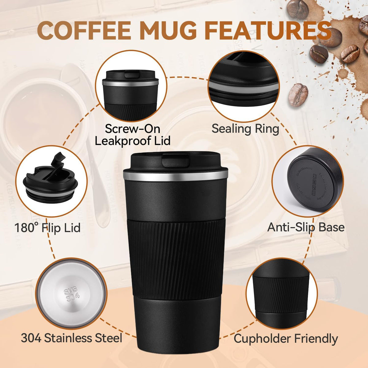 12OZ Travel Coffee Mug Insulated Coffee Cup with Spill Leak Proof Lid, Portable Stainless Steel Tumbler Reusable Hot and Cold Water Mug for Car, Daily, Camping- Blue