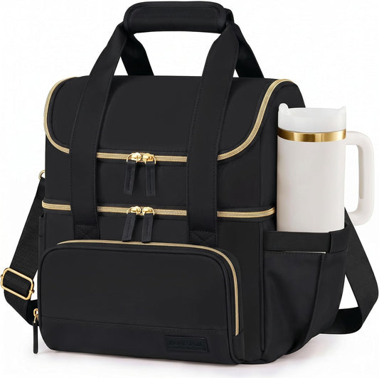 Double Layer Insulated Lunch Bag with Shoulder Strap, 12L, Black