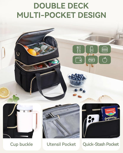 Double Layer Insulated Lunch Bag with Shoulder Strap, 12L, Black