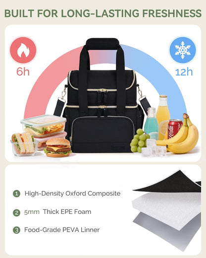 Double Layer Insulated Lunch Bag with Shoulder Strap, 12L, Black