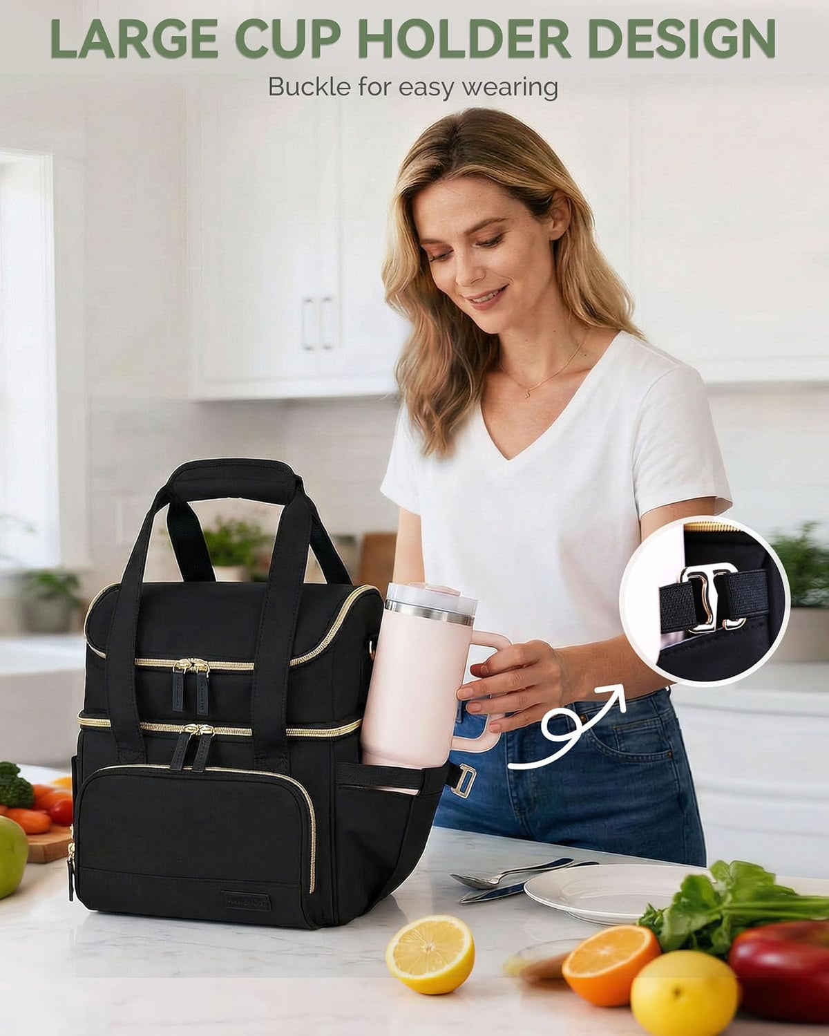 Double Layer Insulated Lunch Bag with Shoulder Strap, 12L, Black