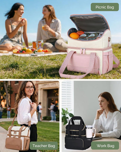 Double Layer Insulated Lunch Bag with Shoulder Strap, 12L, Black