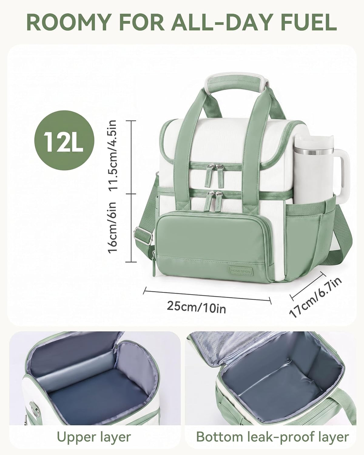 Double Layer Insulated Lunch Bag with Shoulder Strap, 12L, Black