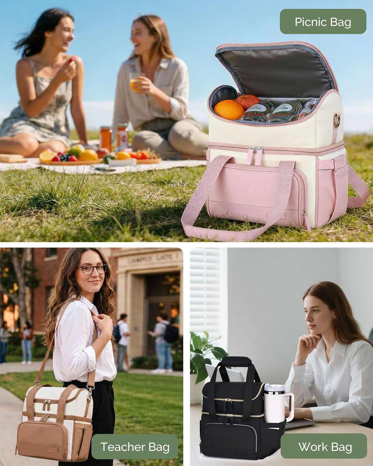 Double Layer Insulated Lunch Bag with Shoulder Strap, 12L, Black