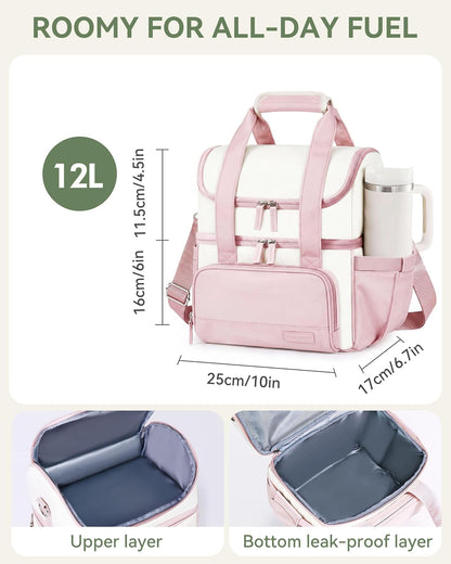 Double Layer Insulated Lunch Bag with Shoulder Strap, 12L, Black