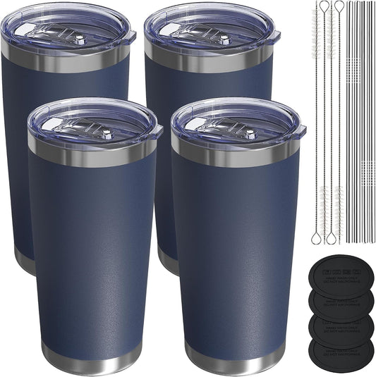 Travel Coffee Tumbler 20oz, 4 Pack Leakproof Travel Coffee Mug with Lid and Straw, Stainless Steel Double Wall Vacuum Insulated Tumbler for Hot/Iced Drinks (Textured Matte, Navy Blue)