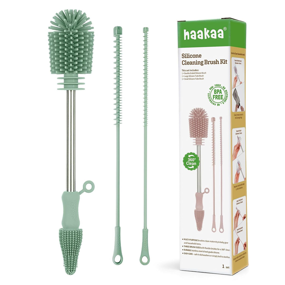 Silicone Cleaning Brush for Baby Bottles & Crevices, Pea Green, 1PK