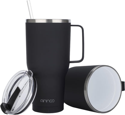 40 oz Ceramic Lined Tumbler with Handle and Straw Lid, Stainless Steel Ceramic Travel Coffee Mug Newly Upgraded Latex Outer Layer