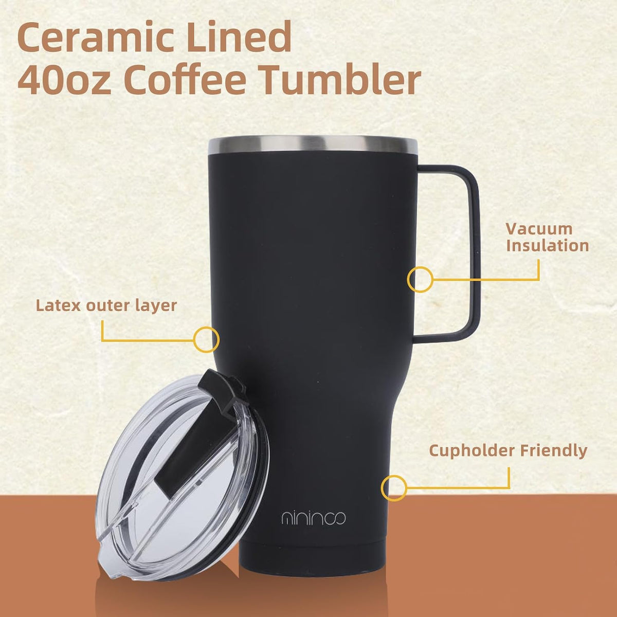 40 oz Ceramic Lined Tumbler with Handle and Straw Lid, Stainless Steel Ceramic Travel Coffee Mug Newly Upgraded Latex Outer Layer