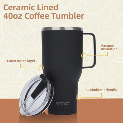 40 oz Ceramic Lined Tumbler with Handle and Straw Lid, Stainless Steel Ceramic Travel Coffee Mug Newly Upgraded Latex Outer Layer