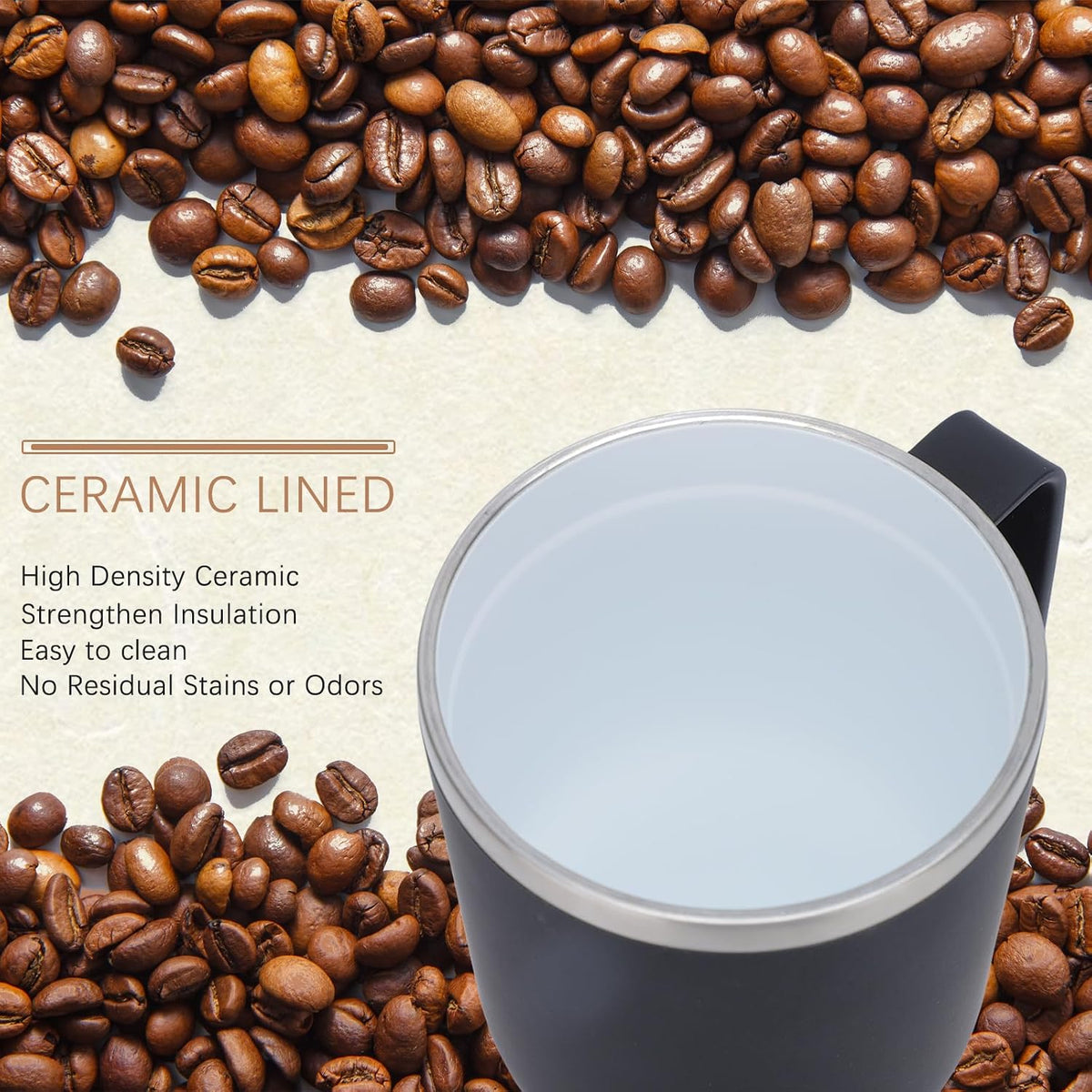 40 oz Ceramic Lined Tumbler with Handle and Straw Lid, Stainless Steel Ceramic Travel Coffee Mug Newly Upgraded Latex Outer Layer
