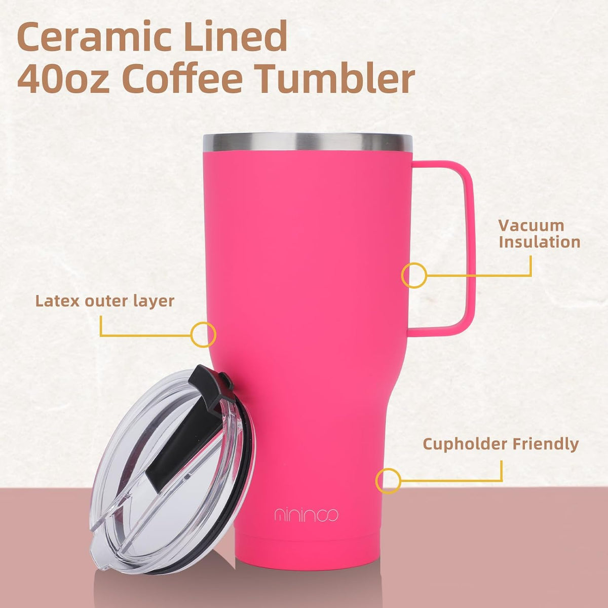 40 oz Ceramic Lined Tumbler with Handle and Straw Lid, Stainless Steel Ceramic Travel Coffee Mug Newly Upgraded Latex Outer Layer