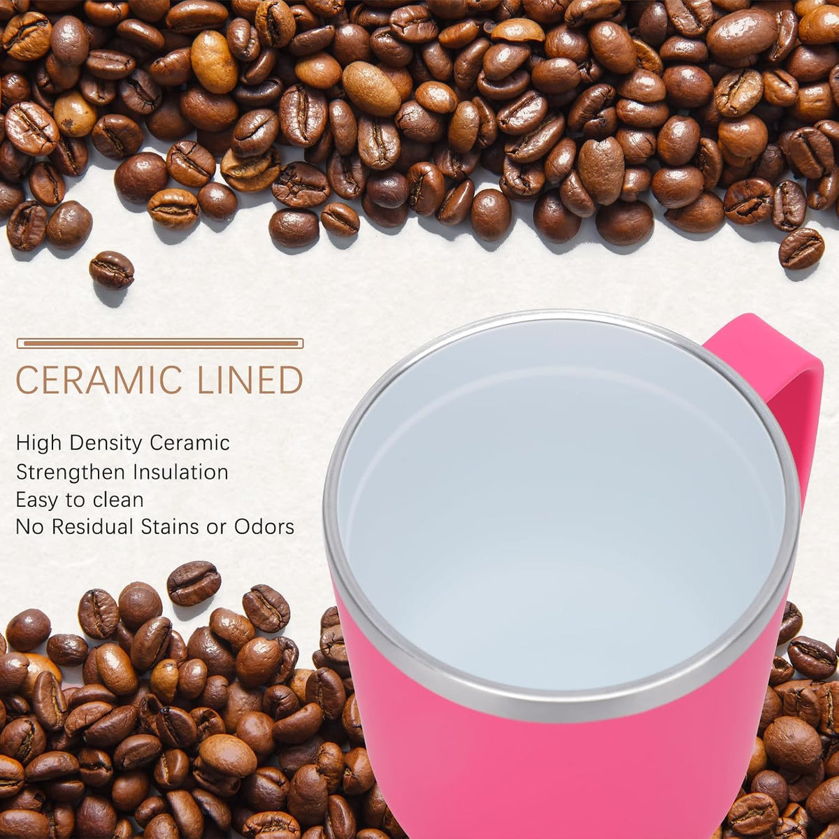 40 oz Ceramic Lined Tumbler with Handle and Straw Lid, Stainless Steel Ceramic Travel Coffee Mug Newly Upgraded Latex Outer Layer
