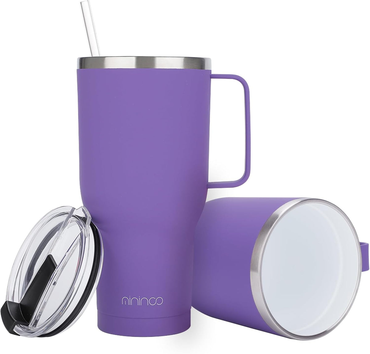 40 oz Ceramic Lined Tumbler with Handle and Straw Lid, Stainless Steel Ceramic Travel Coffee Mug Newly Upgraded Latex Outer Layer