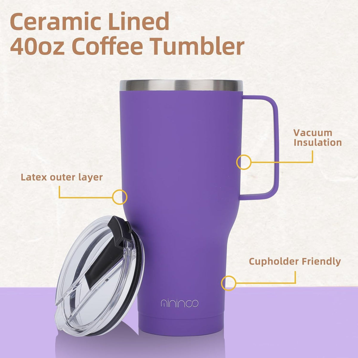 40 oz Ceramic Lined Tumbler with Handle and Straw Lid, Stainless Steel Ceramic Travel Coffee Mug Newly Upgraded Latex Outer Layer