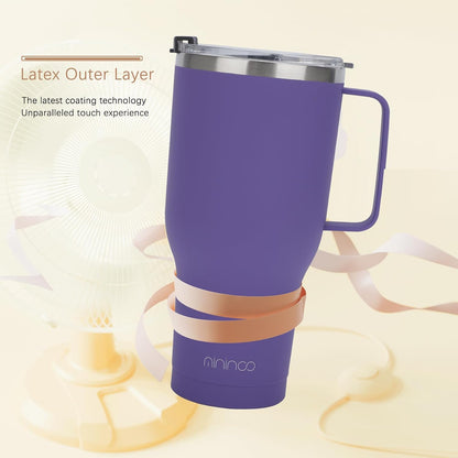 40 oz Ceramic Lined Tumbler with Handle and Straw Lid, Stainless Steel Ceramic Travel Coffee Mug Newly Upgraded Latex Outer Layer