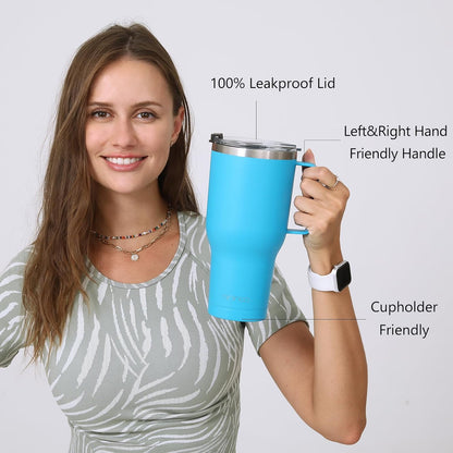 40 oz Ceramic Lined Tumbler with Handle and Straw Lid, Stainless Steel Ceramic Travel Coffee Mug Newly Upgraded Latex Outer Layer