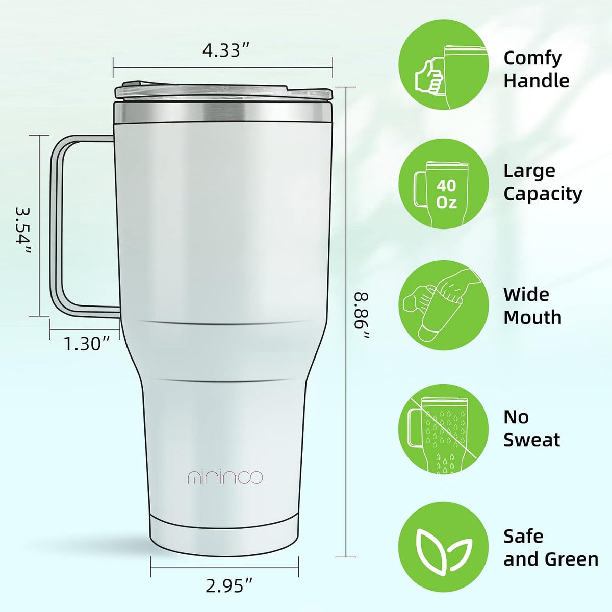 40 oz Ceramic Lined Tumbler with Handle and Straw Lid, Stainless Steel Ceramic Travel Coffee Mug Newly Upgraded Latex Outer Layer