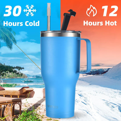 40 oz Ceramic Lined Tumbler with Handle and Straw Lid, Stainless Steel Ceramic Travel Coffee Mug Newly Upgraded Latex Outer Layer