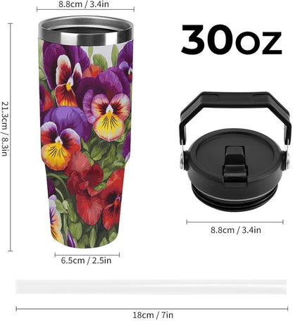 30oz Tumbler with Handle for Car Travel, Double Wall Insulated Stainless Steel Mug | Leak-Proof Lid, Pansy Perfection Water Bottle for Camping, Office, Outdoor
