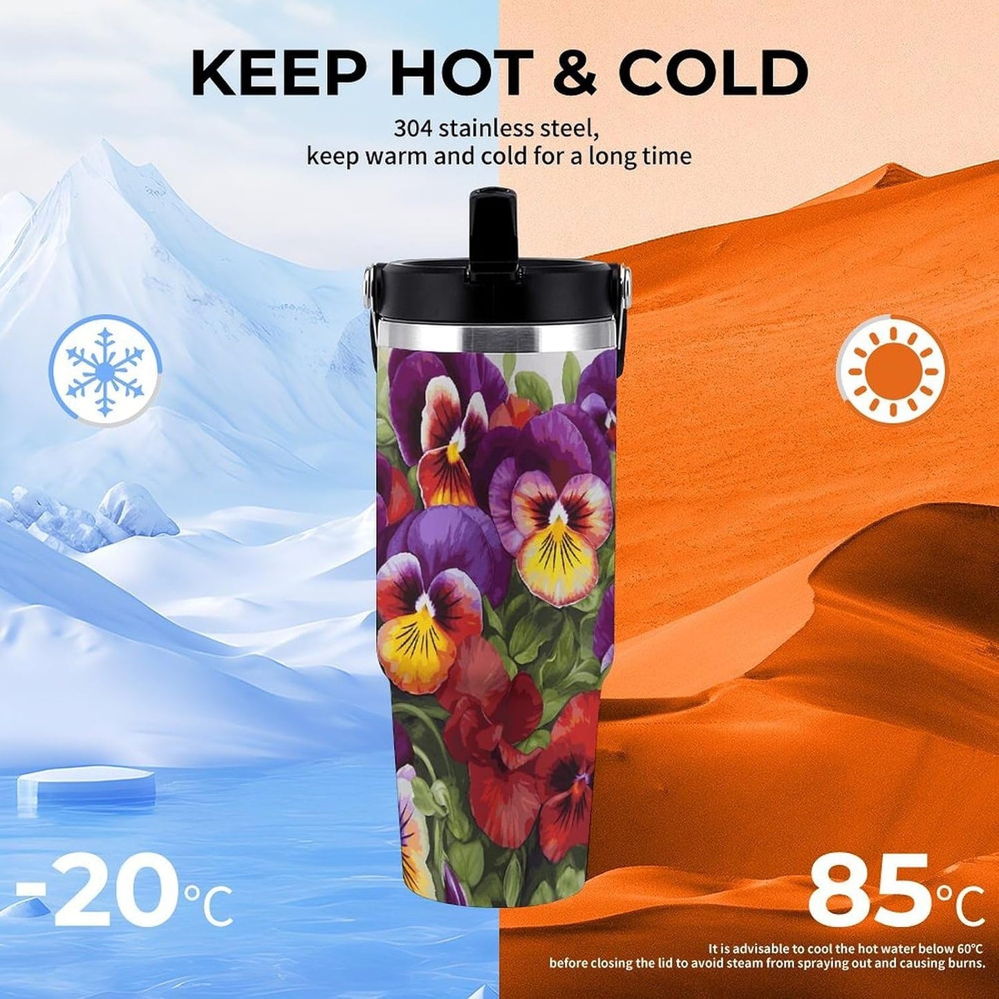 30oz Tumbler with Handle for Car Travel, Double Wall Insulated Stainless Steel Mug | Leak-Proof Lid, Pansy Perfection Water Bottle for Camping, Office, Outdoor