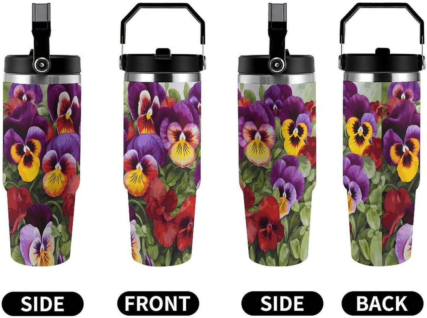 30oz Tumbler with Handle for Car Travel, Double Wall Insulated Stainless Steel Mug | Leak-Proof Lid, Pansy Perfection Water Bottle for Camping, Office, Outdoor