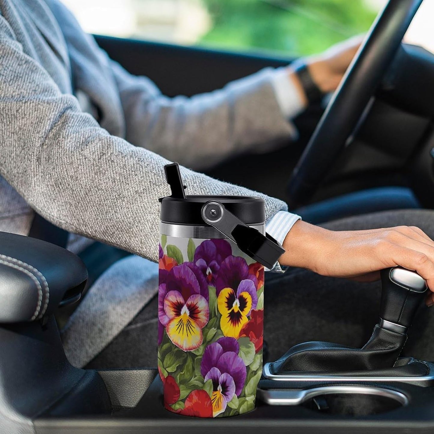 30oz Tumbler with Handle for Car Travel, Double Wall Insulated Stainless Steel Mug | Leak-Proof Lid, Pansy Perfection Water Bottle for Camping, Office, Outdoor