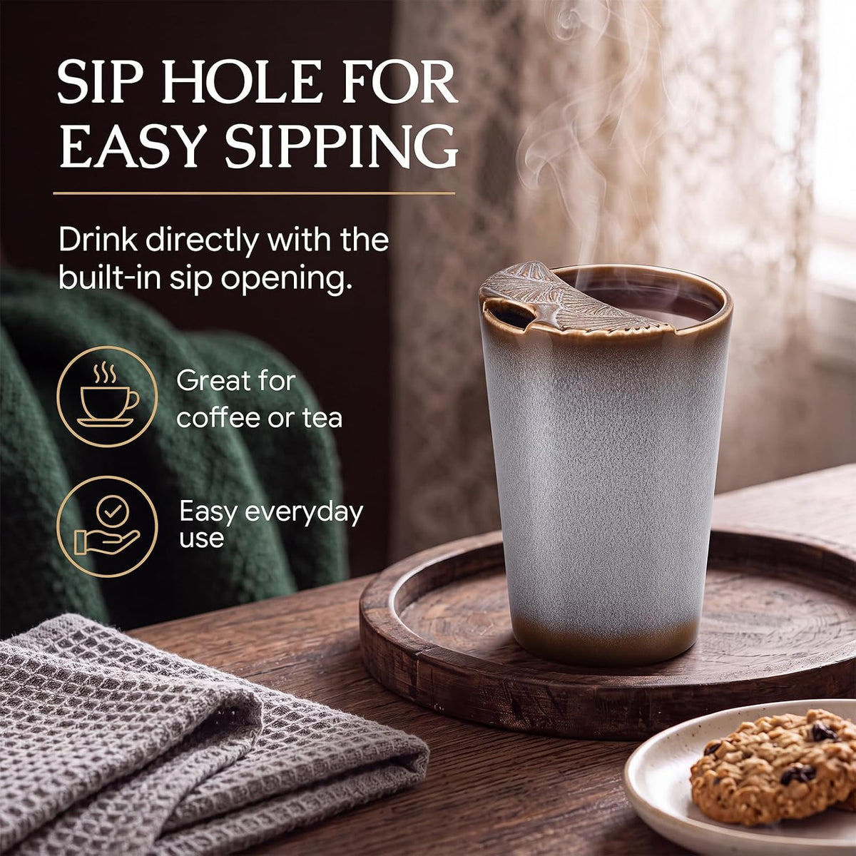 1 Pack Ceramic Coffee Mug with Sip Hole, 14.5 oz Handleless Tumbler Cup with 1 Reusable Straws and Cleaning Brushes for Coffee Tea Iced Drinks Birthday Gift for Women Men