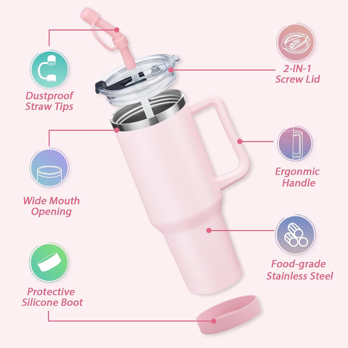 40 oz Stainless Steel Vacuum Insulated Tumbler with Lid and Straw for Water, Iced Tea or Coffee, Spill Proof Water Bottle with Handle, Leak Resistant Travel Mug Car Cupholder Friendly