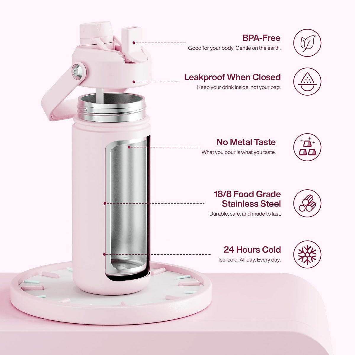 Insulated Water Bottle with Straw Stainless Steel Water Bottle, Leak-Proof, BPA-Free, Double Wall Vacuum Keeps Cold for 24 Hours for Sports, Travel, School (26 oz, Cotton Candy) - Colors B