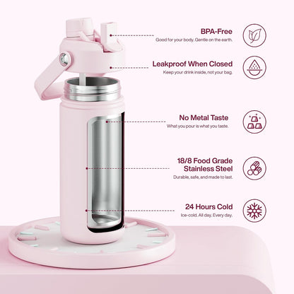 Insulated Water Bottle with Straw Stainless Steel Water Bottle, Leak-Proof, BPA-Free, Double Wall Vacuum Keeps Cold for 24 Hours for Sports, Travel, School (26 oz, Cotton Candy) - Colors B