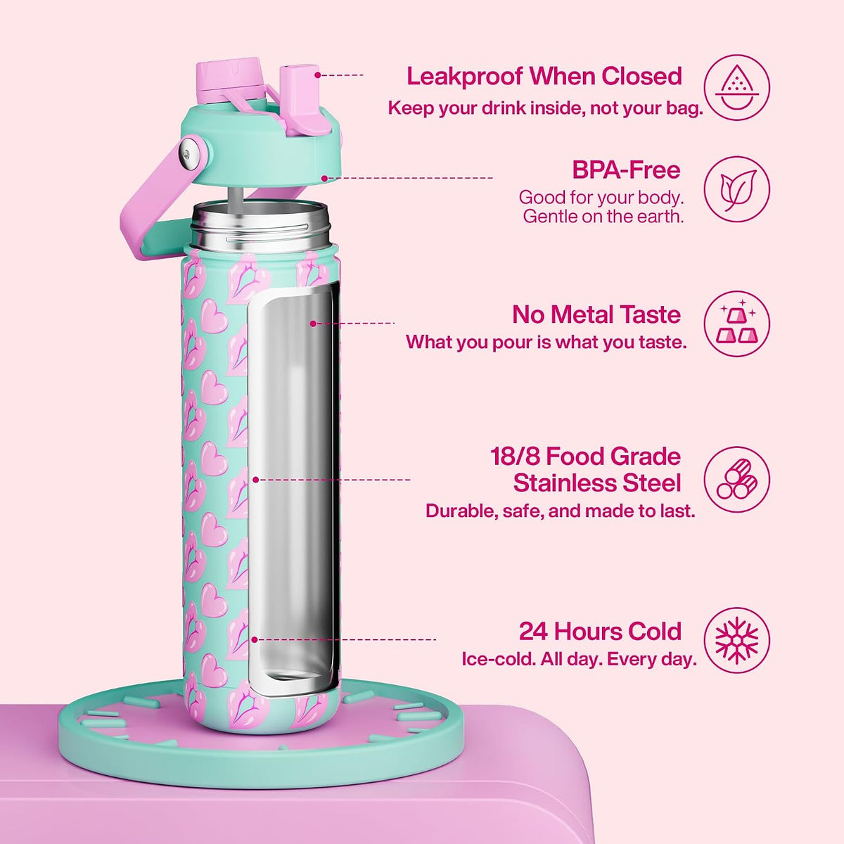 Insulated Water Bottle with Straw Stainless Steel Water Bottle, Leak-Proof, BPA-Free, Double Wall Vacuum Keeps Cold for 24 Hours for Sports, Travel, School (26 oz, Cotton Candy) - Colors B