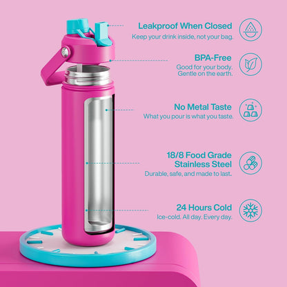 Insulated Water Bottle with Straw Stainless Steel Water Bottle, Leak-Proof, BPA-Free, Double Wall Vacuum Keeps Cold for 24 Hours for Sports, Travel, School (26 oz, Cotton Candy) - Colors B