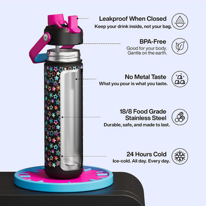 Insulated Water Bottle with Straw Stainless Steel Water Bottle, Leak-Proof, BPA-Free, Double Wall Vacuum Keeps Cold for 24 Hours for Sports, Travel, School (26 oz, Cotton Candy) - Colors B