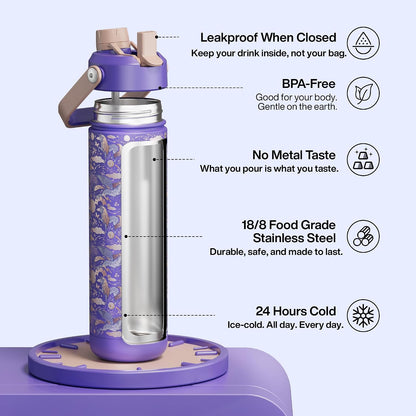 Insulated Water Bottle with Straw Stainless Steel Water Bottle, Leak-Proof, BPA-Free, Double Wall Vacuum Keeps Cold for 24 Hours for Sports, Travel, School (26 oz, Cotton Candy) - Colors B