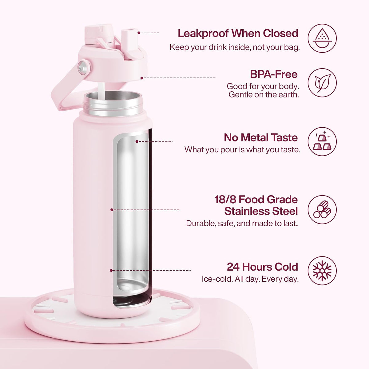 Insulated Water Bottle with Straw Stainless Steel Water Bottle, Leak-Proof, BPA-Free, Double Wall Vacuum Keeps Cold for 24 Hours for Sports, Travel, School (26 oz, Cotton Candy) - Colors B
