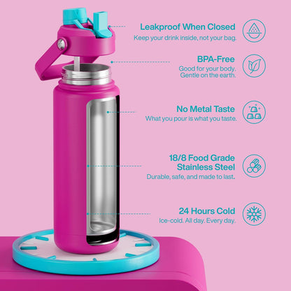 Insulated Water Bottle with Straw Stainless Steel Water Bottle, Leak-Proof, BPA-Free, Double Wall Vacuum Keeps Cold for 24 Hours for Sports, Travel, School (26 oz, Cotton Candy) - Colors B