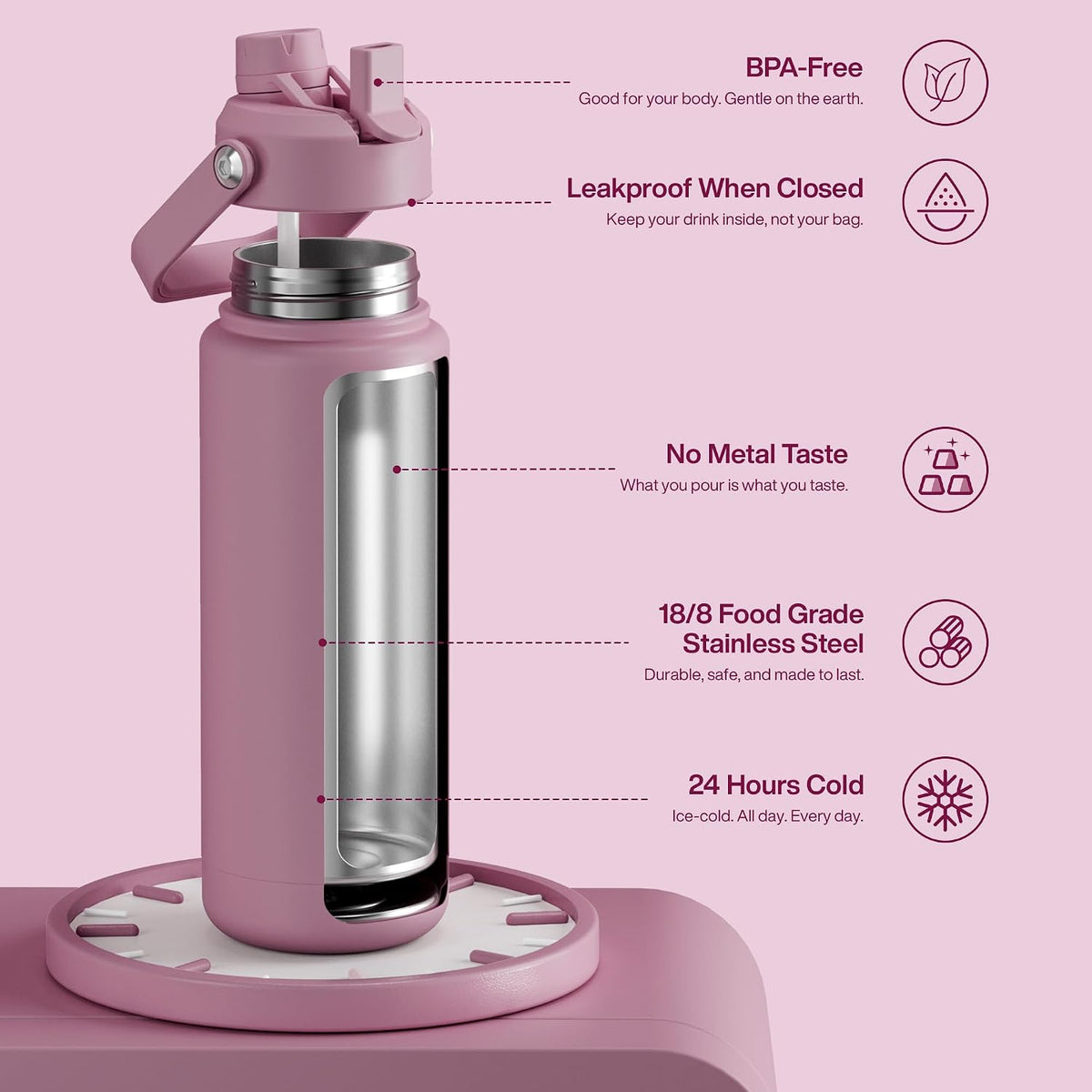 Insulated Water Bottle with Straw Stainless Steel Water Bottle, Leak-Proof, BPA-Free, Double Wall Vacuum Keeps Cold for 24 Hours for Sports, Travel, School (26 oz, Cotton Candy) - Colors B