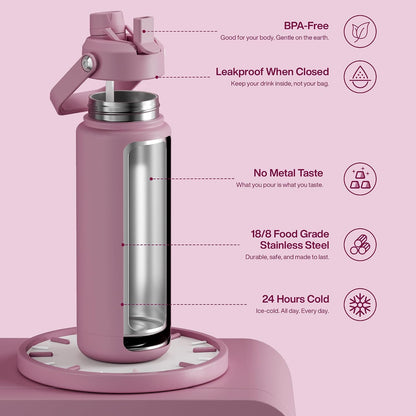 Insulated Water Bottle with Straw Stainless Steel Water Bottle, Leak-Proof, BPA-Free, Double Wall Vacuum Keeps Cold for 24 Hours for Sports, Travel, School (26 oz, Cotton Candy) - Colors B