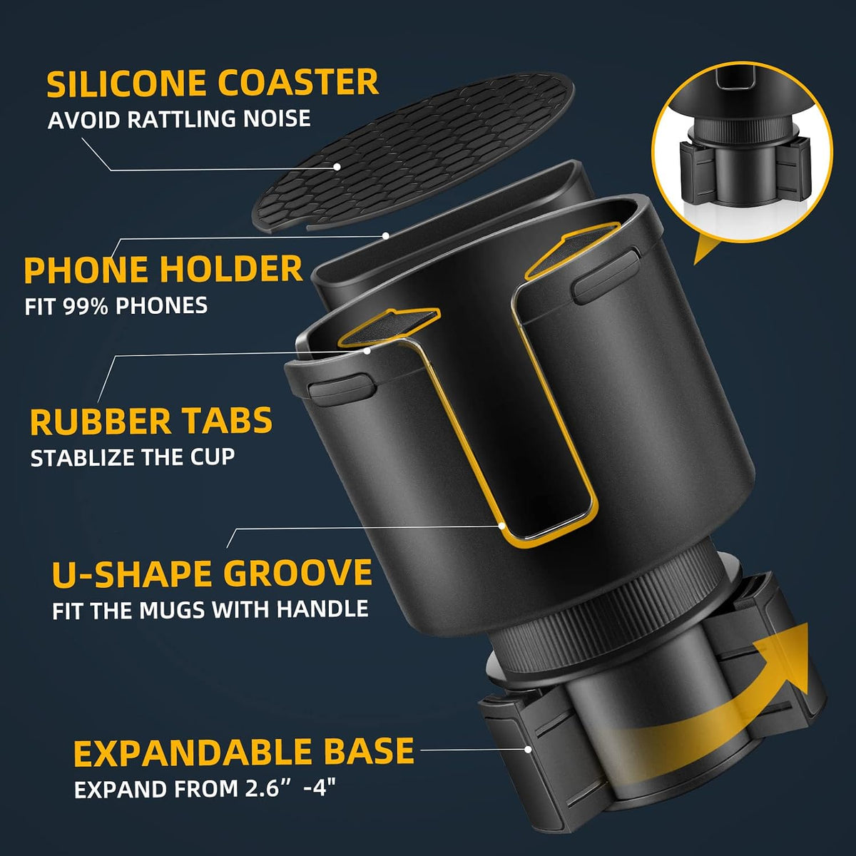 Car Cup Holder Expander with Adjustable Base, Fits Bottles 16-46 OZ