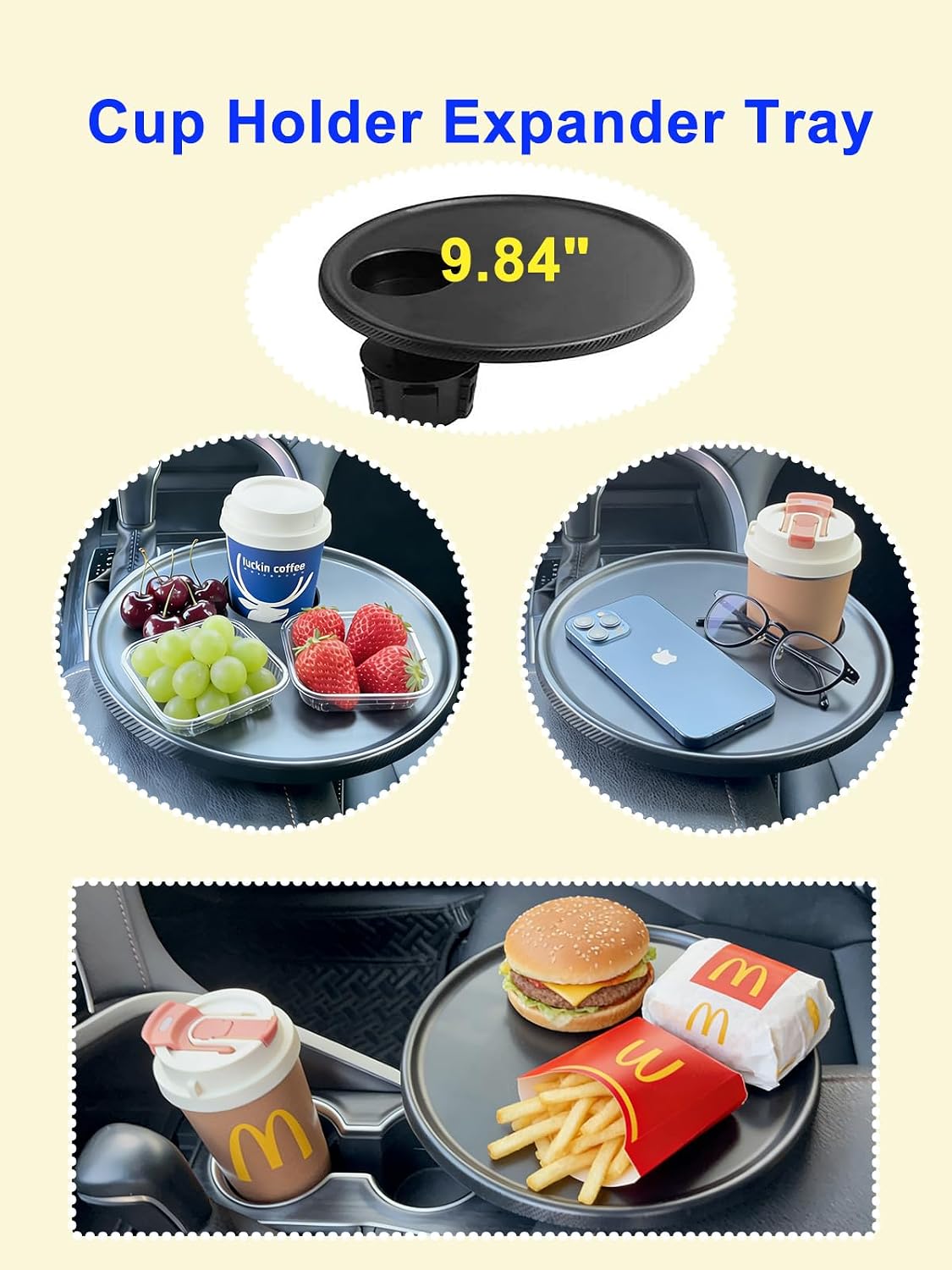 Cup Holder Car Tray, Car Cup Holder Tray Table for Snak Dining & Work, Universal Swivel Arm fit for Most Vehicles (Plastic)