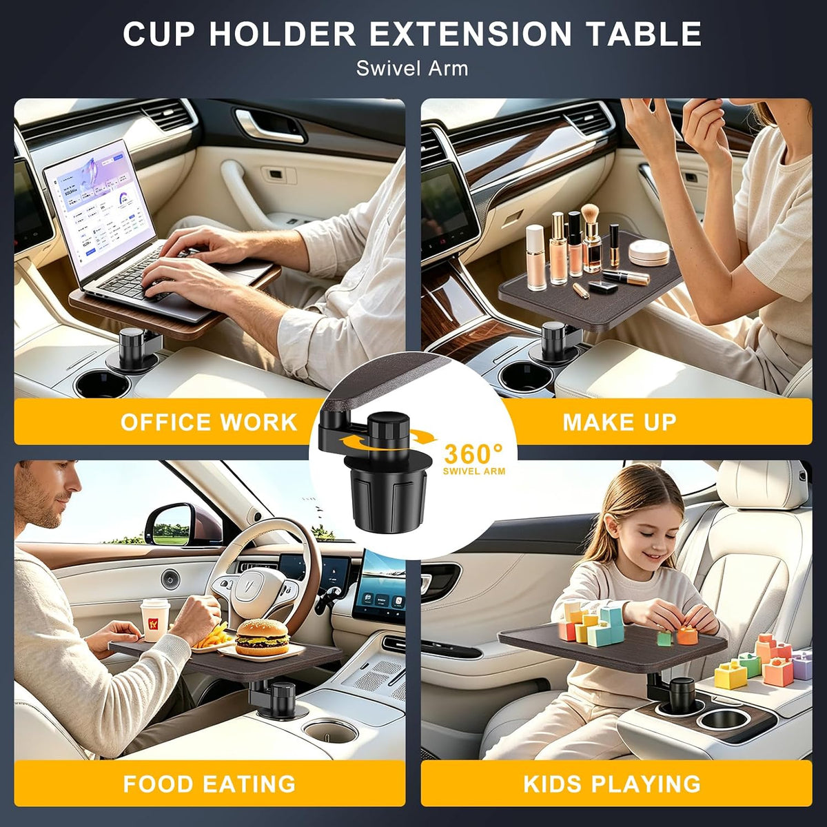 Cup Holder Car Tray, Car Cup Holder Tray Table for Snak Dining & Work, Universal Swivel Arm fit for Most Vehicles (Plastic)