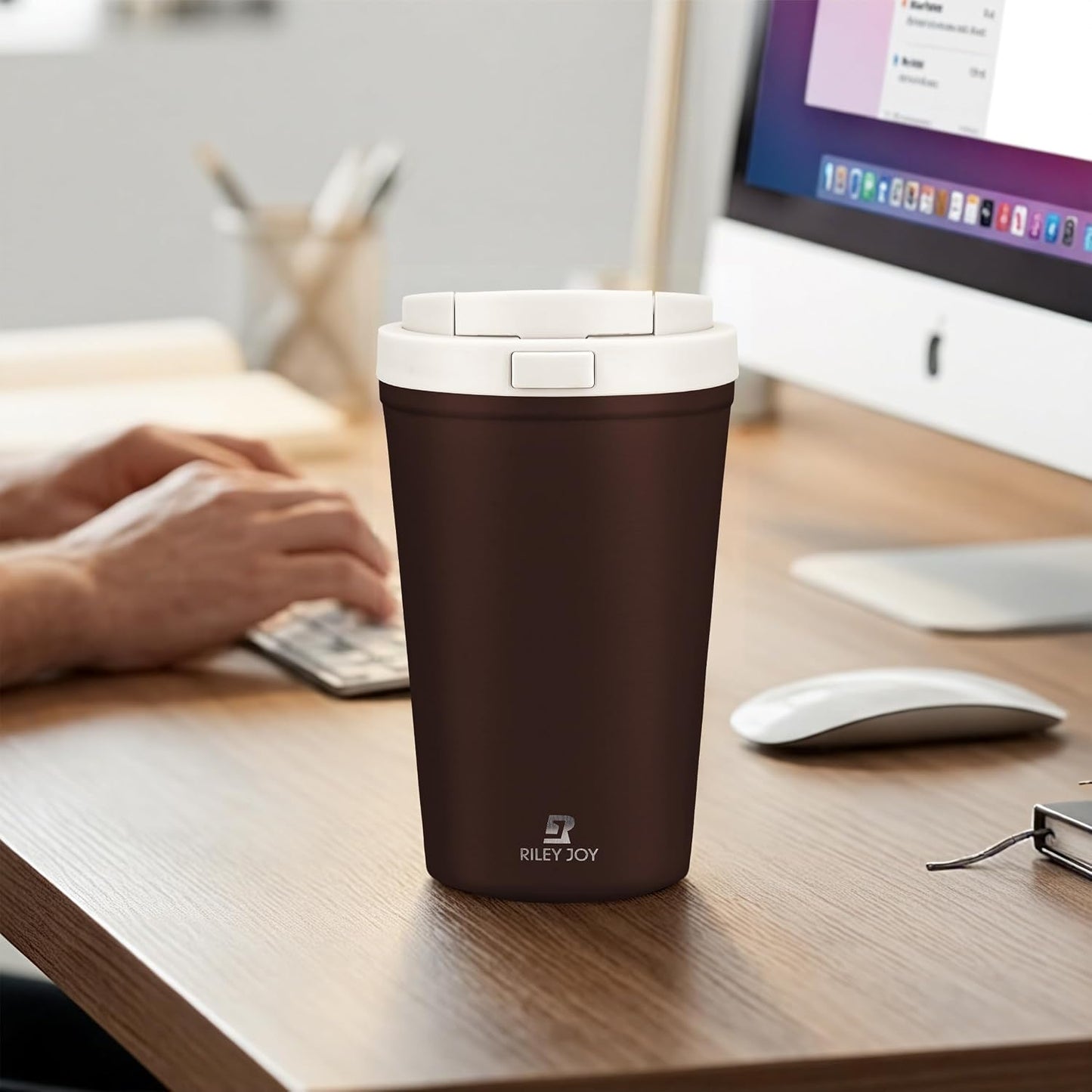 13oz Insulated Travel Coffee Mug, Hot & Iced Coffee Cups with Lids, White | 100% Leak Proof, Stainless Steel Vacuum Insulated, Cup holder Friendly, One-Touch Open, To Go, Reusable, Coffee Tumbler