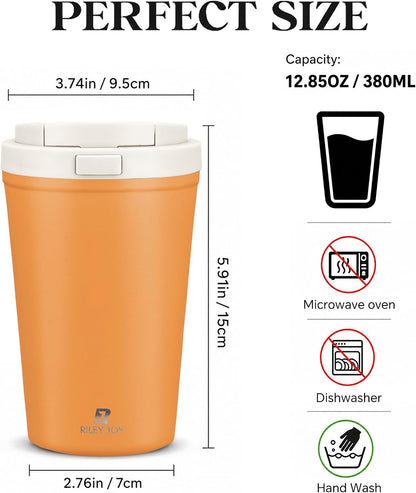 13oz Insulated Travel Coffee Mug, Hot & Iced Coffee Cups with Lids, White | 100% Leak Proof, Stainless Steel Vacuum Insulated, Cup holder Friendly, One-Touch Open, To Go, Reusable, Coffee Tumbler